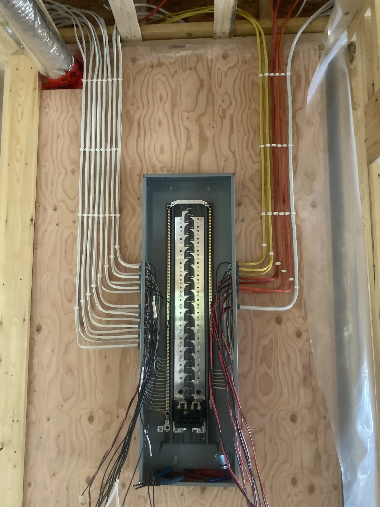 Neatly routed electrical wiring at a residential panel during installation